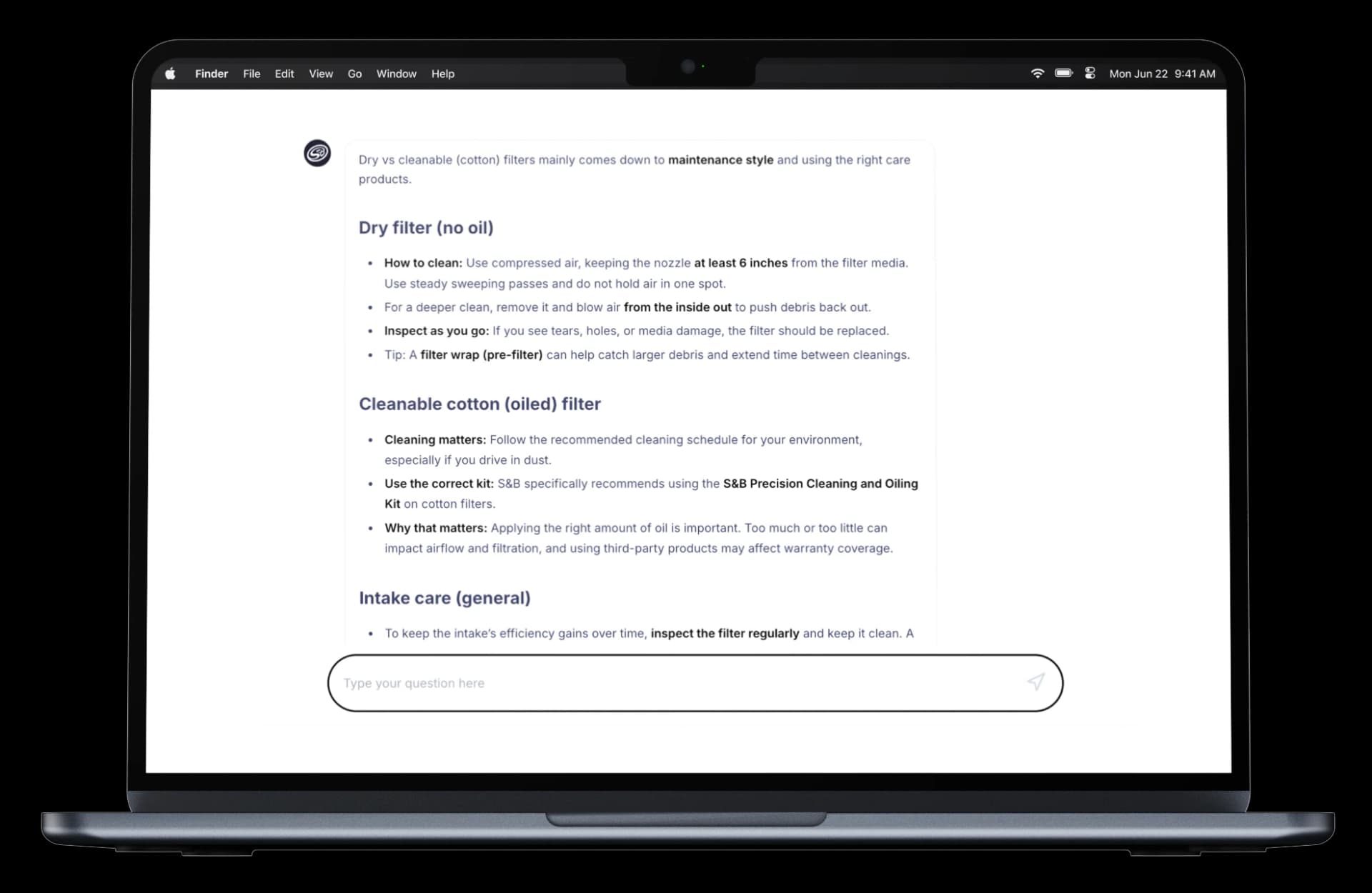 S&B Filters AI assistant on a laptop