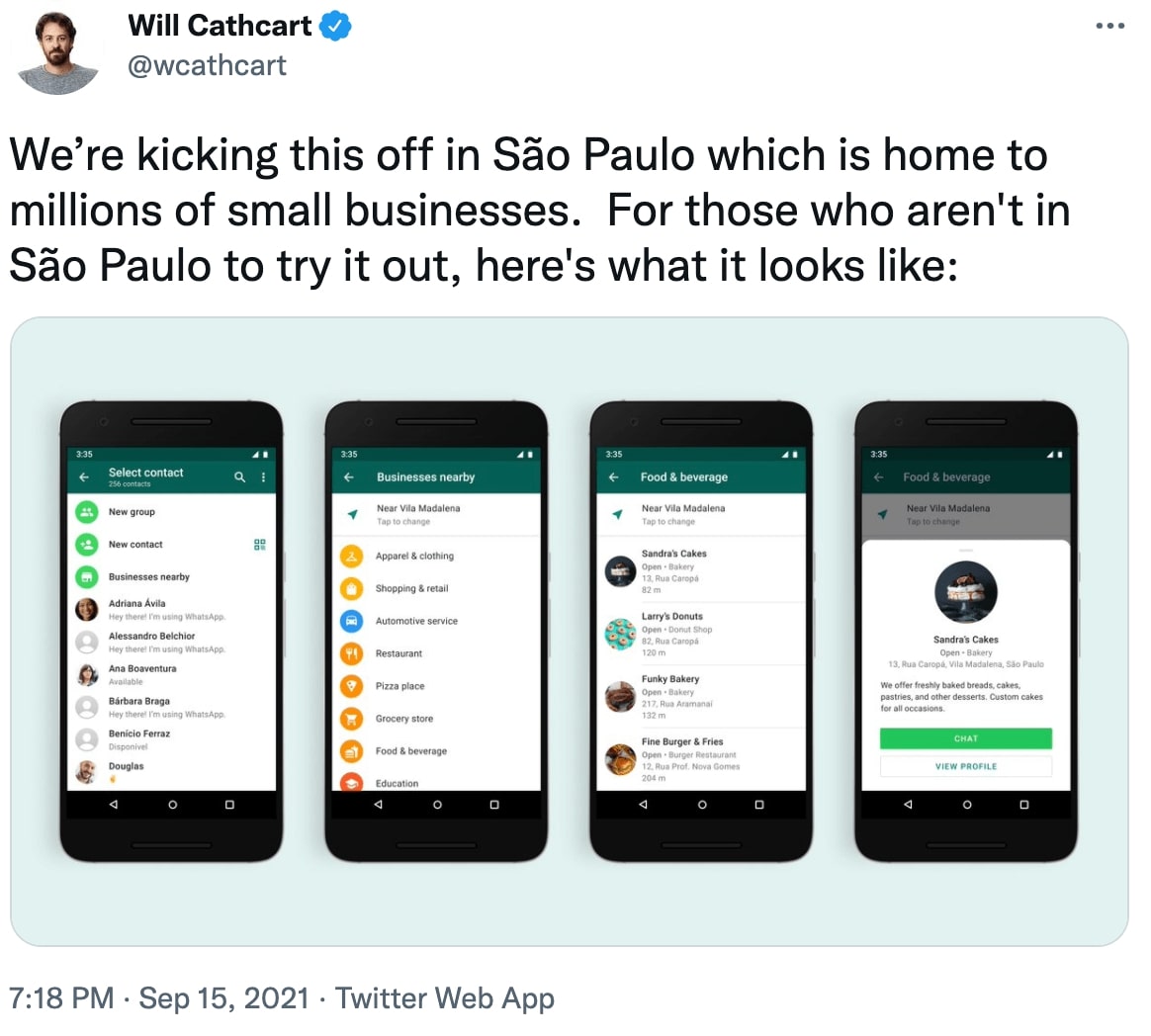 Tweet about WhatsApp Business in Brazil