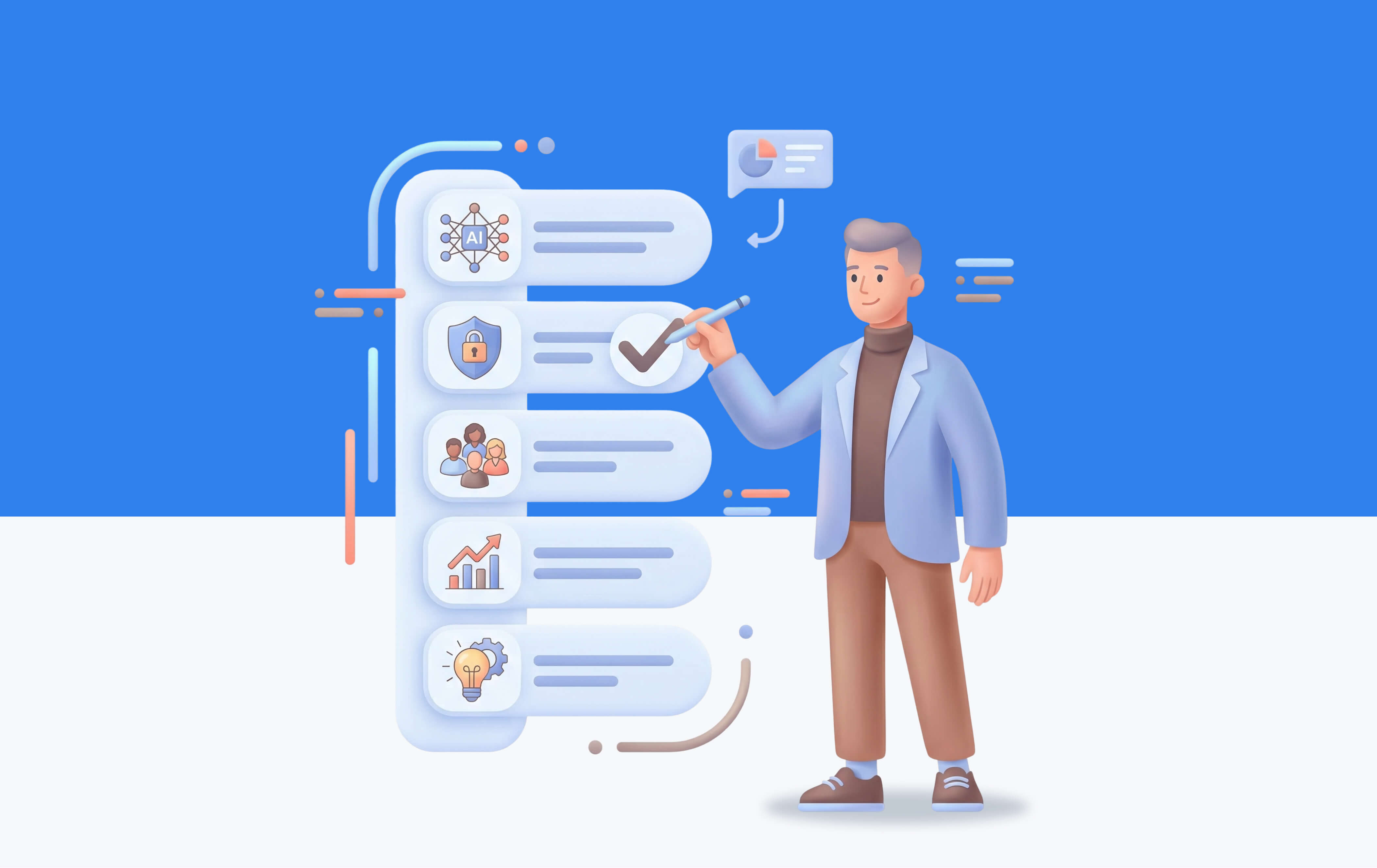 Illustration of a person reviewing an AI strategy checklist on a digital interface, with icons representing AI, security, team, analytics, and innovation, highlighting structured decision-making for AI implementation.